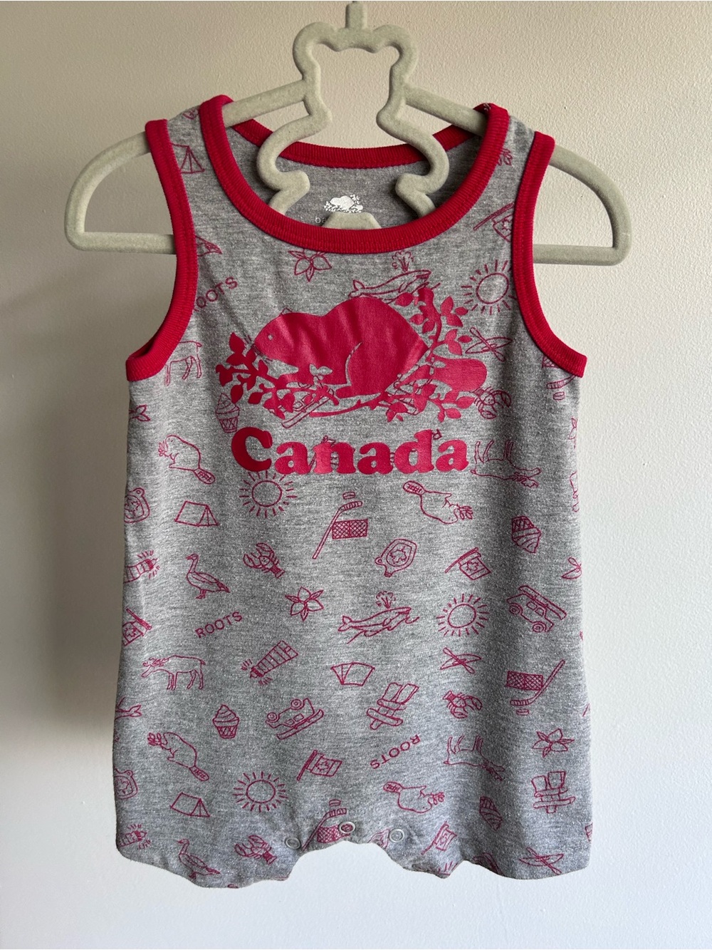 Baby Roots Canada Red-Accent Grey Kids Tank Top Romper (6-12m)